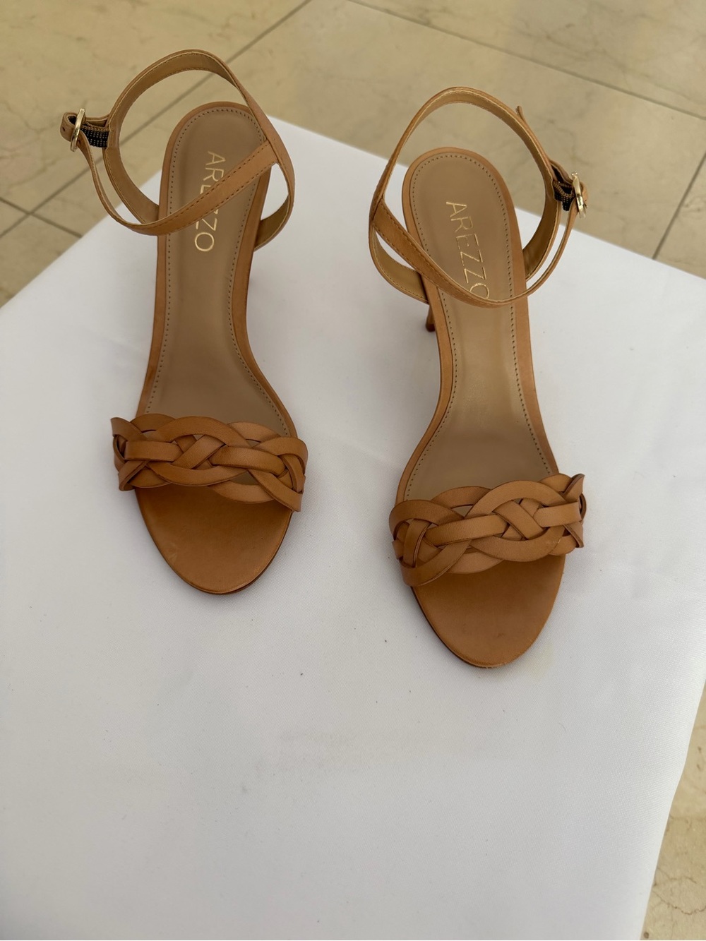 AREZZO Tan Braided Ankle-Strap Heeled Sandals